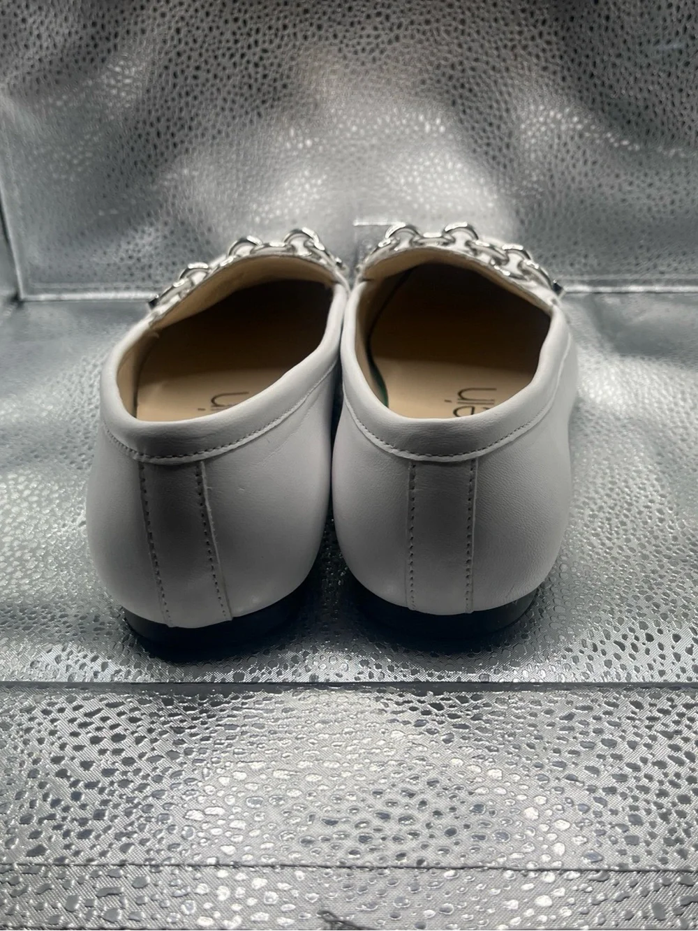 Calvin Klein White Leather Loafers with Silver Chain